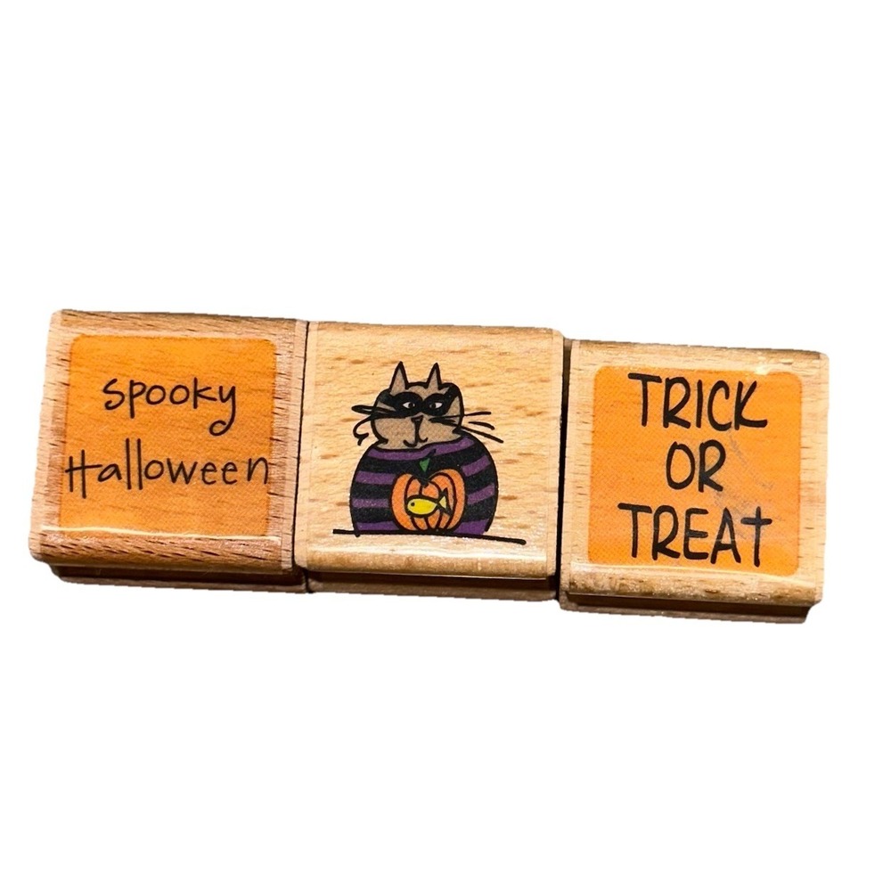 Vtg 90's Happen Stamps Halloween Kitty Trick Treat Wood Mounted Rubber Stamp Lot